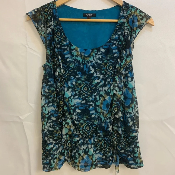 Apt. 9 Blue, Green, Black and Olive Print Ruffle Peplum Blouse - PXS - Picture 6 of 11